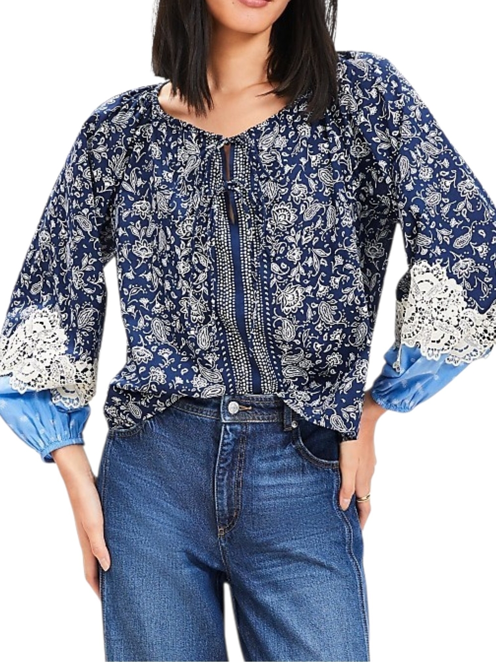 Loft | Petite Lace Paisley Tie Neck Blouse Top Blue Crochet Boho Cotton